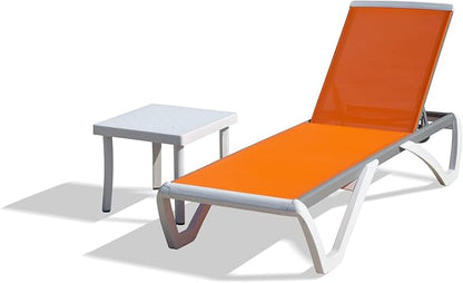Domi Pool Lounge Chair Aluminum Adjustable Outdoor Chaise Lounge,All Weather Plastic Poolside Lounge Chair with Table for Deck Lawn Backyard, Orange Textilene