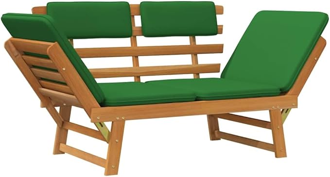 Convertible Garden Bench with Cushions, Outdoor Daybed, Acacia Wood Patio Furniture, Grey Wash Finish Brown and Green - Photo 5