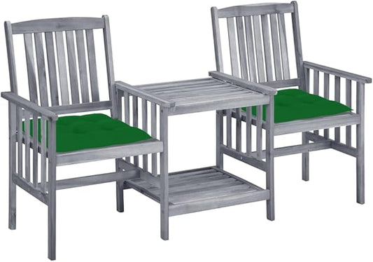 vidaXL Patio Chair Outdoor Chair with Tea Table and Cushions, Acacia Wood, Garden, Patio, Gray/Green, 62.6"x24"x36.2"