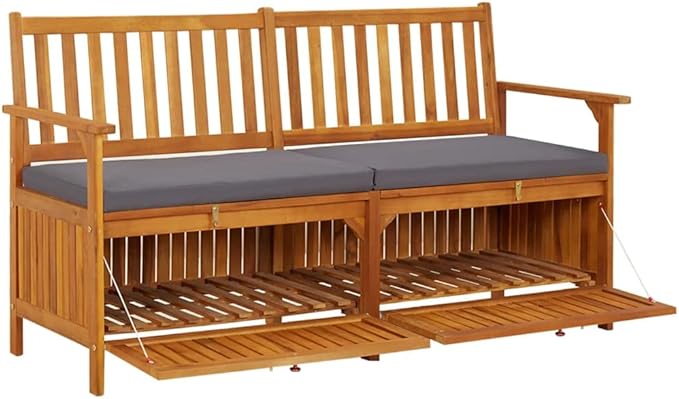 Solid Acacia Wood Storage Bench with Cushion, Large Rectangular Outdoor Patio Furniture for Seating and Hidden Storage, Weather Resistant Durable Construction, Modern Design