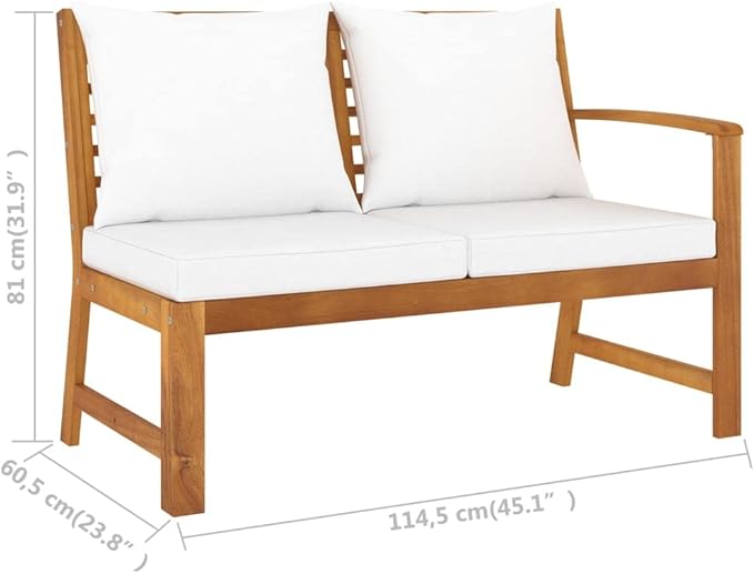 45.1" Acacia Wood Patio Bench with Cream Cushions Outdoor Sectional Furniture Set for Backyard Balcony Garden Seating - Photo 2