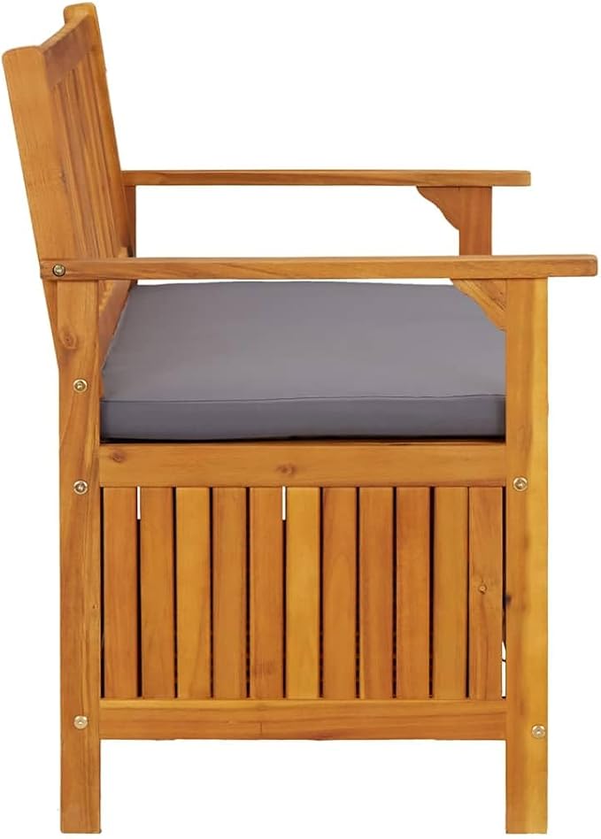 Rustic Solid Acacia Wood Storage Bench with Dark Grey Seat Cushion and Natural Wood Finish for Indoor Outdoor Use, Durable Seating Furniture with Generous Internal Space,