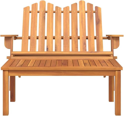 2-Piece Garden Lounge Set, Solid Acacia Wood Adirondack Bench and Coffee Table, Foldable Outdoor Patio Furniture for Balcony, Backyard and Lawn, Brown