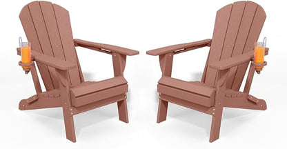 Folding Adirondack Chair with Cup Holders Set of 2, HDPE Plastic Outdoor Chairs, Weather Resistant, Real Wood Look for Patio, Deck, Fire Pit, Backyard, Coffee