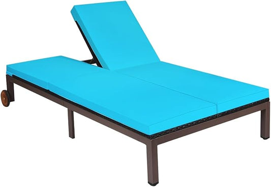 HAPPYGRILL 2-Person Patio Lounge with Wheel, Rattan Wicker Chaise Lounge Chair with Adjustable Backrest, Outdoor Sofa Daybed with Cushion for Garden Lawn Backyard