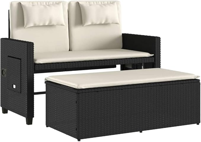Garden Bench Deck Bench Reclining Patio Bench with Cushions Black Poly Rattan - Photo 5