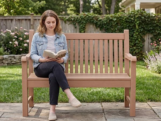 Psilvam 2-Person Poly Lumber Outdoor Bench with 700 Lbs Weight Capacity – Weatherproof Garden Seating for, Balcony Porch & Park, All-Weather Fade-Resistant Patio Furniture (Teak Color)