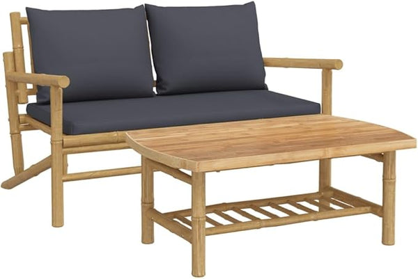 Bamboo Garden Lounge Set 21.7"x35.4" Dark Grey Cushions Weather Frame Balcony Patio Couch - Photo 1