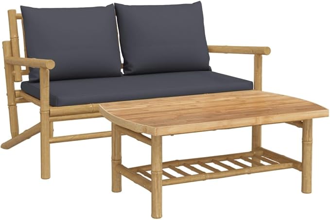 Garden Lounge Set Bamboo with Dark Grey Cushions Patio Couch Alfresco Lounge for Poolside Lawn - Photo 2