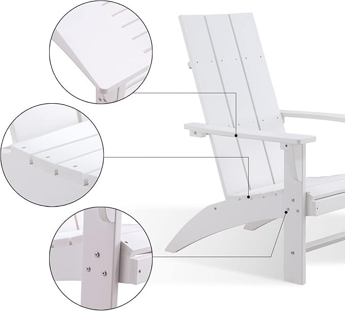 Psilvam Modern Adirondack Chairs Set of 2, Oversized Poly Lumber Fire Pit Chair, 350 Lbs Support Patio Chairs for Garden, Weather Resistant Adirondack Chair Looks Like Real Wood (White)
