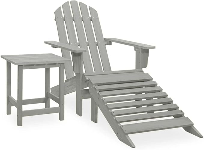 Grey Solid Fir Wood Large Detachable Garden Chair with Ottoman and Table Set, Ergonomic Design for Outdoor Relaxation, Durable Construction and Spacious Seat