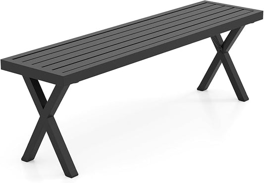 Giantex 54" Outdoor Bench, Metal Garden Bench with Slatted Seat, X-Shaped Legs, Heavy-Duty Patio Backless Loveseat, Load 800 LBS, 2-Person Park Bench for Lawn, Yard, Porch, Black