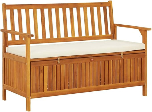 vidaXL Solid Acacia Wood Outdoor Storage Bench with Backrest, Armrests, and Cushion - 47.2"x24.8"x33.1" ic Patio Furniture with Large Storage Compartment