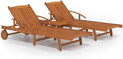 2-Person Acacia Wood Sunlounger Set with Table, Adjustable Backrest Outdoor Chaise Lounge, Foldable Beach Tanning Chairs, 26.8" Seat Depth, Large, Brown, for Garden, Poolside & Patio