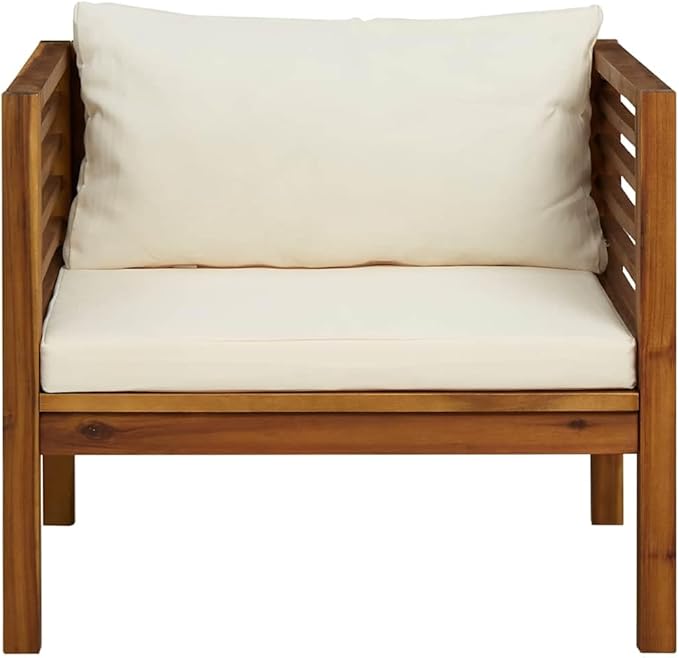 Cream White Acacia Wood Garden Chair 27.2x28.7x24.6 in with Oiled Finish and Outdoor Cushion Compact Patio Seating for - Photo 3