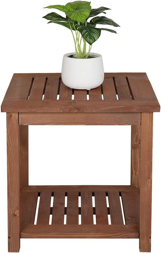 Outdoor Wooden Side Table with 2 Layer Storage, Patio Coffee End Tables, All Weather for Patio, Backyard, Pool, Indoor Use