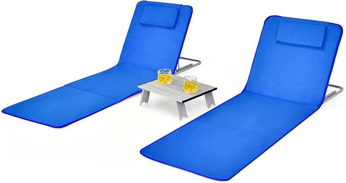 Giantex Beach Chairs for Adults 2 Pack Set with Side Table, Folding Lounge Chairs, 5 Position Adjustable Lawn Chair for Sunbathing, Patio Chaise Lounge Lightweight Backpack Camping Chairs (Navy)