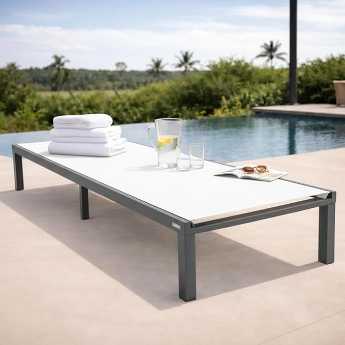 LeisureMod Marlin Aluminum Outdoor Chaise Lounge Chair - Mesh Sling Fabric Seat Black Aluminum Frame Beach, Pool Lounge Chair for Modern Patio Lawn, Garden and Backyard (White)