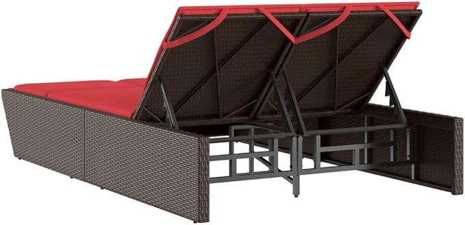 Brown PE Rattan Double Outdoor Lounge Chair 78.7×46.5×32.7in Adjustable Backrest Chaise for Patio Garden Poolside 2-Person Sun Lounger Powder-Coated Frame Easy-Clean Cushions