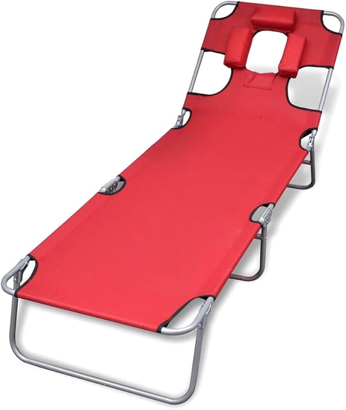 Red Folding Sun Lounger Outdoor 74.4" Long Powder-Coated Steel Frame Adjustable Headrest Portable Beach Patio Poolside - Photo 1