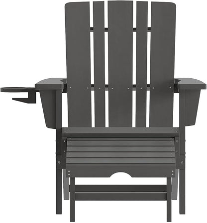 Flash Furniture Halifax Poly Resin Adirondack Chair with Cup Holder and Pull Out Ottoman, All-Weather Poly Resin Indoor/Outdoor Lounge Chair, Set of 2, Gray