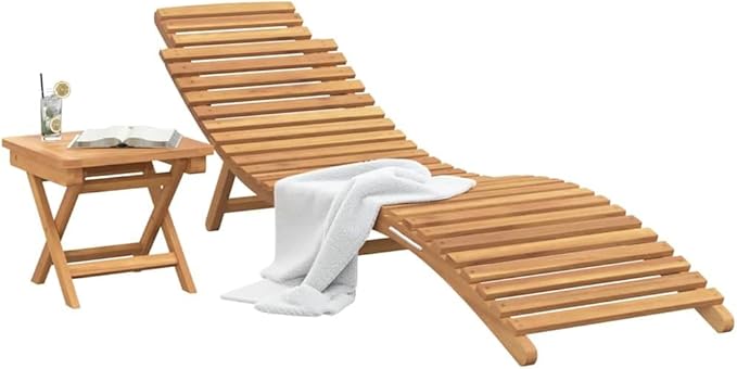 Folding Sun Lounger 2 Pcs Set with Side Table, Solid Teak Wood Outdoor Chaise Lounge Chair - Photo 3