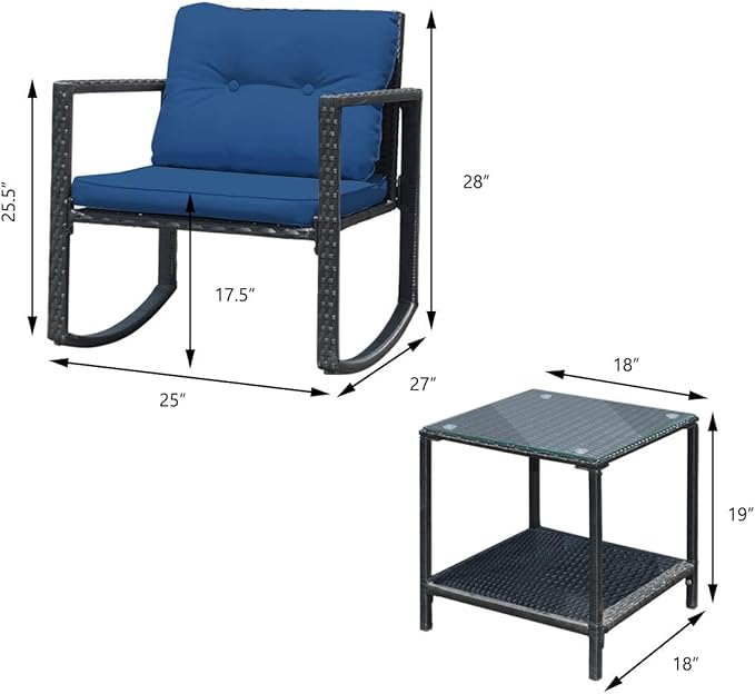 HAPPYGRILL 3-Piece Rocking Bistro Set Outdoor Patio Rocking Chairs with Coffee Table Rattan Wicker Furniture - Photo 8
