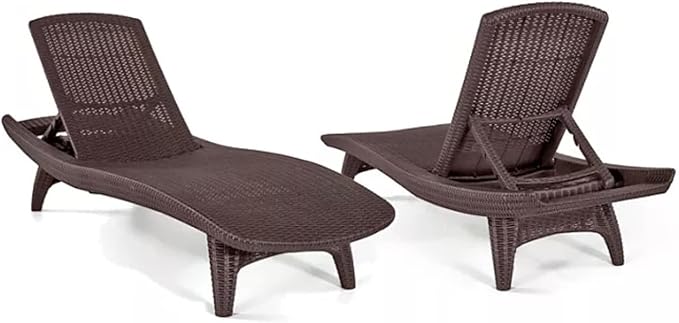 Outdoor Patio Chaise Lounge Chairs, All-Weather Wicker Rattan, Adjustable Backrest, Set of 2 (Brown)