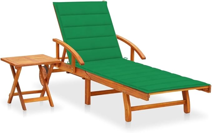 Solid Acacia Wood Sun Lounger with Adjustable Backrest Foldable Table Green Cushion Outdoor Patio Furniture for - Photo 1