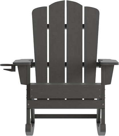Flash Furniture Newport Adirondack Rocking Chairs with Cup Holder, Weather Resistant Poly Resin Adirondack Rocking Chairs, Set of 2, Gray