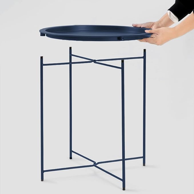 Garden 4 you End Table Metal Side Table Blue Round Folding Tray Cyan Sofa Small Accent Fold-able Table - Photo 6