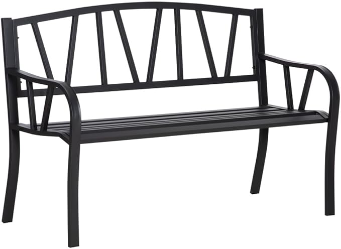 Metal Garden Bench for Outdoor Patios and Lawns, 50 Inch Park-Style Seating with Slatted Backrest and Smooth Armrests