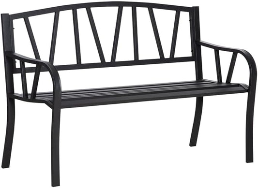 Metal Garden Bench for Outdoor Patios and Lawns, 50 Inch Park-Style Seating with Slatted Backrest and Smooth Armrests