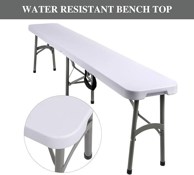 Plastic Folding Bench - Portable Bench Used for Indoor, Outdoor, Picnic, Party, Camping, Dining Seat, Garden Soccer Multipurpose Entertaining Activities, White (2, White, 8 Feet)