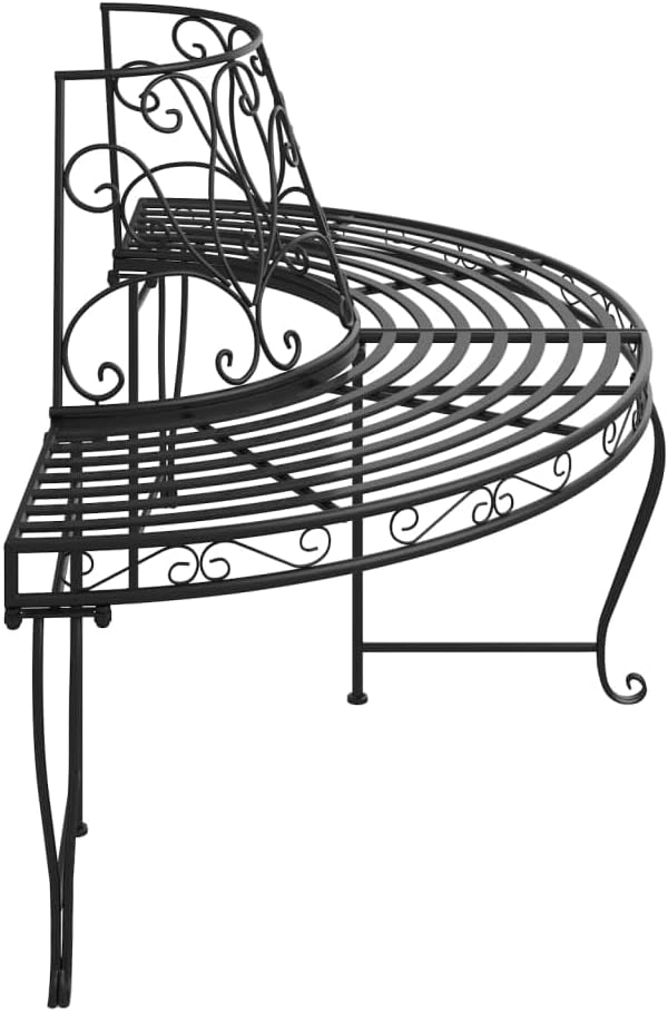 Black Steel Half Round Tree Bench with Decorative Inlays for Outdoor Patio Garden Seating, Spacious 63.0 in Width 33.1 in Depth Design for Relaxation, Durable Powder-Coated