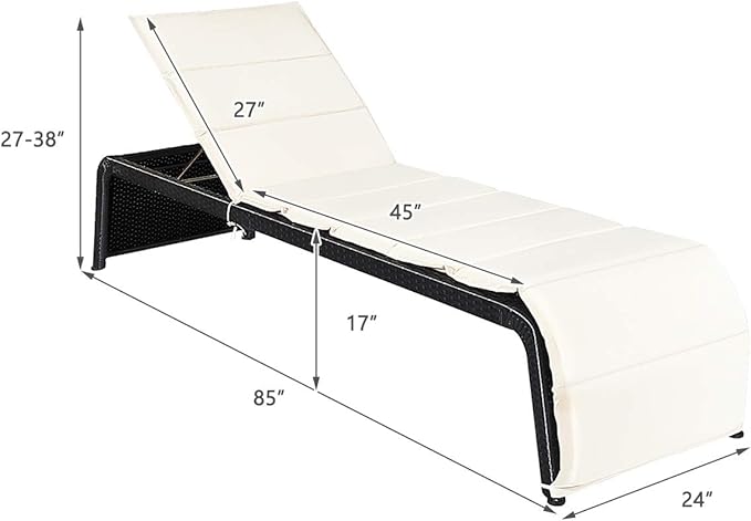 HAPPYGRILL Chaise Lounge Chair Adjustable 5-Positions Rattan Wicker Reclining Lounge with Cushion for Garden Patio Poolside