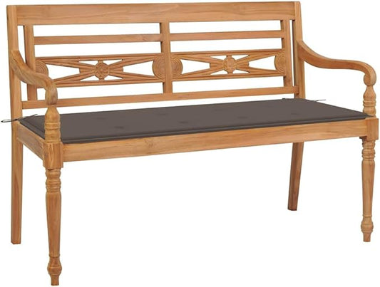 Taupe Solid Teak Wood Garden Bench with Removable Cushion, 47.2 Inch Wide Outdoor Seating for Patio Balcony, Durable Weather-Resistant Construction, Comfortable Polyester