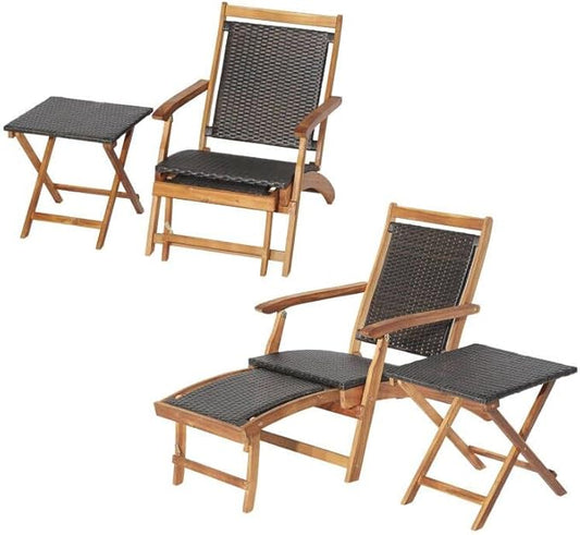 RELAX4LIFE Patio Lounge Chair Set - Outdoor Acacia Wood Chaise Lounge w/Side Table, Armrest & Retractable Ottoman, Rattan Seat, Tabletop, Quick Folding Sunbathing Chair for Backyard, Poolside (2)