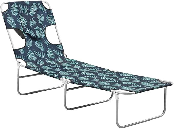 Folding Sun Lounger Green Steel Frame Polyester 74 x 23 x 11 in Adjustable Reclining Backrest Leaf Print Lightweight - Photo 5