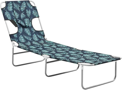 Folding Sun Lounger Green Steel Frame Polyester 74 x 23 x 11 in Adjustable Reclining Backrest Leaf Print Lightweight for Pool Beach Patio Garden