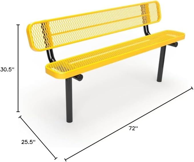 COATEDOUTDOORFURNITURE Coated Outdoor Furniture Heavy-Duty Outdoor Bench Thermoplastic Coated, Expanded Metal, Commercial-Grade Seating, Made in America (Inground with Back, 6 Ft, Yellow)