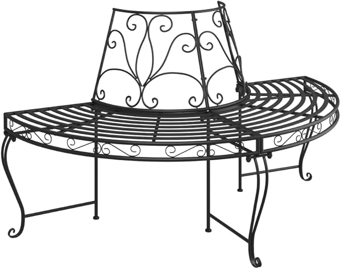Black Steel Half Round Tree Bench with Decorative Inlays, Outdoor Garden Patio Seating for Three, Durable Powder Coated Rust Resistant Frame, Spacious Relaxation Bench