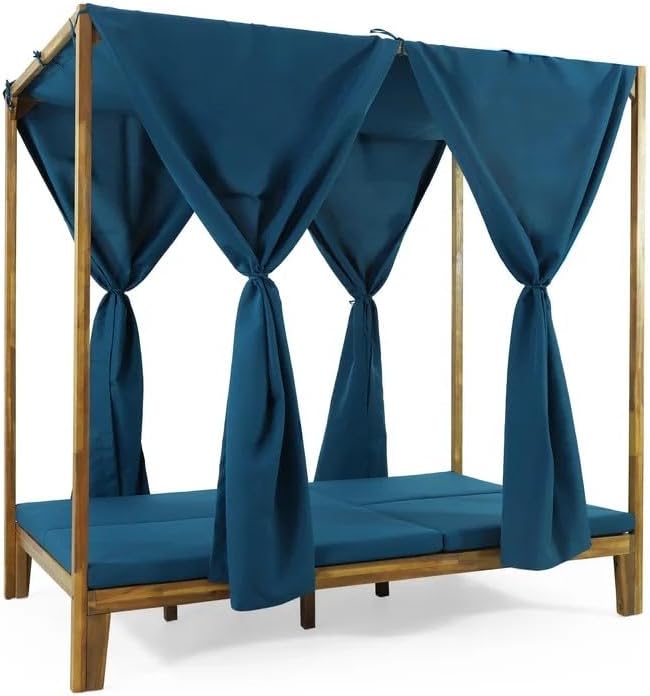 Christopher Knight Home Kenzie Acacia Wood Outdoor Daybed with Canopy, Double Chaise Lounge Chair Outdoor with Cushion - Photo 5