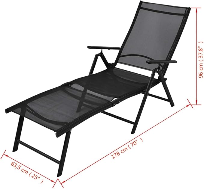 Folding Sun Lounger Black Aluminum Frame 25x70x38 in 7-Recline Outdoor Chaise Lounge UV Textilene Portable Poolside Chair for Patio Garden Balcony Beach
