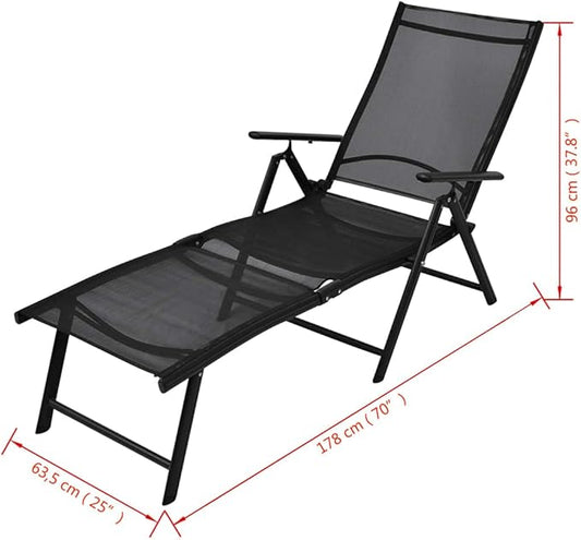 Folding Sun Lounger Black Aluminum Frame 25x70x38 in 7-Recline Outdoor Chaise Lounge UV Textilene Portable Poolside Chair for Patio Garden Balcony Beach