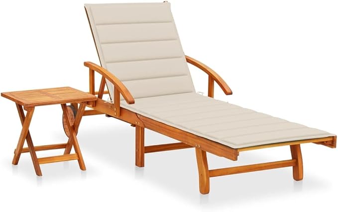 Acacia Wood Outdoor Chaise Lounge with Wheels, Adjustable Backrest, Beige Cushion, 78.7" Seat Depth - Photo 1