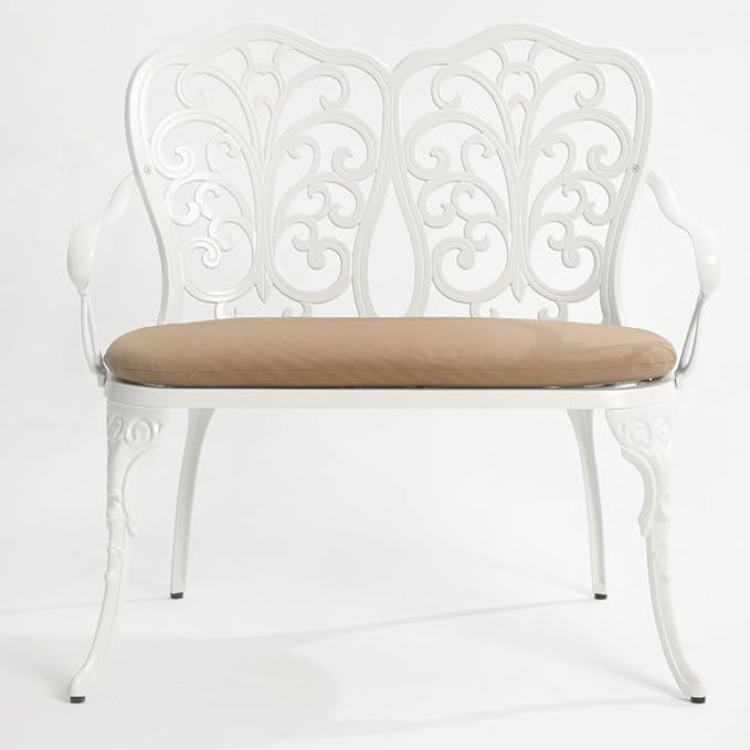 Patio Aluminum Outdoor Bench with Soft Cushion, Garden Metal Loveseat Furniture, Vintage Carving White Front Porch Chair Seat