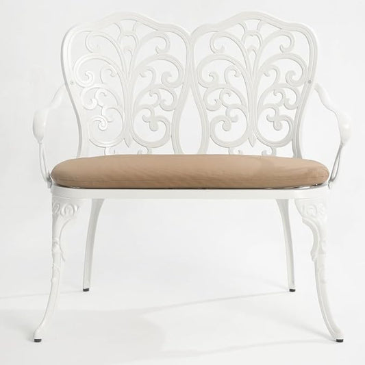 Patio Aluminum Outdoor Bench with Soft Cushion, Garden Metal Loveseat Furniture, Vintage Carving White Front Porch Chair Seat