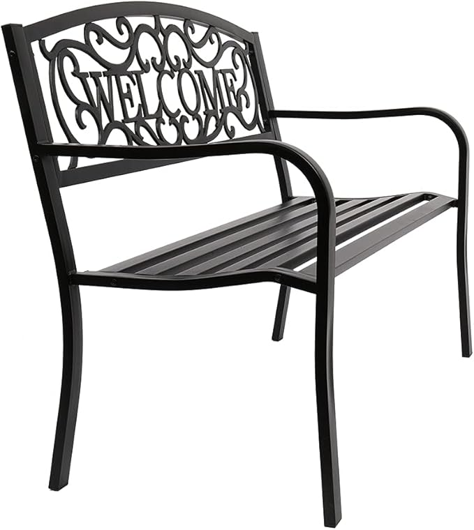 50" Outdoor Welcome Backrest Cast Iron&PVC Bench, Metal Garden Bench Patio Park Furniture with Plastic Backrest