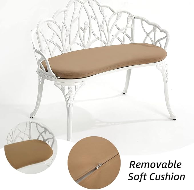 Patio Aluminum Outdoor Bench, Garden Metal Loveseat Furniture with Soft Cushion, Leaf Carving Antique White Front Porch Chair Seat